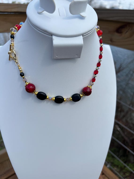 Red  Black Gold Crystal Necklace – Bold Evening Jewelry for Gala, Holiday Party or Military Ball