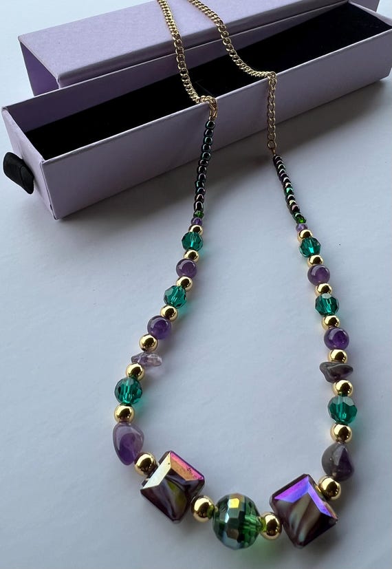 Purple Stone & Glass 25” Necklace w Golden Accents and Green Multi-Faceted Beads