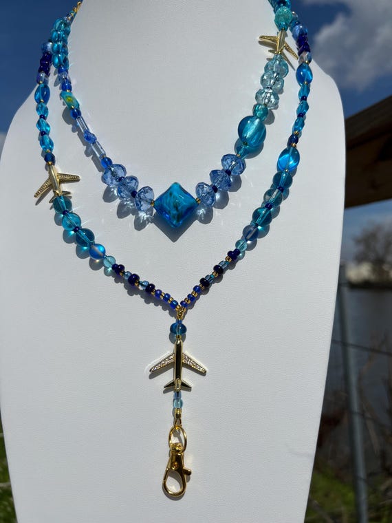 Airline Crew Jewelry Set Shades of Blue and Gold – Matching Breakaway Lanyard & Airplane Necklace