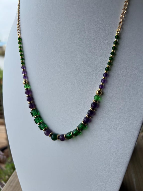 Handcrafted Mardi Gras Necklace – Green and Purple Stone Beads with Multifaceted Bead Accents