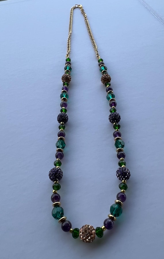 Gold & Purple Rhinestone 25” Necklace – Green Multi-Faceted and Purple Stone Beads