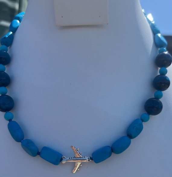 Handmade Airplane Necklace – Blue Stone Beads, Nickel Silver Charm, Travel Jewelry