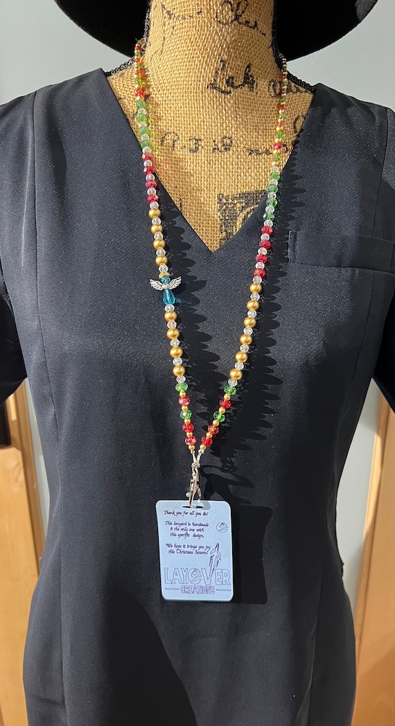 Blue Angel w Red, Green & Sparkly Beads-Breakaway Lanyard 11 - Stunning - Perfect Gift for You, Loved Ones, Exchange Gifts and Colleagues