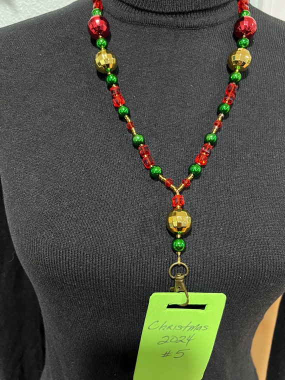 Unique One-Of-A- Kind Breakaway Lanyard - Christmas 2024 #5 - Red, Green & Gold Beads with Red and Gold Plastic Ornaments