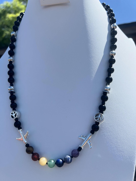 Handmade Aviation Necklace with Obsidian, Steel and Chakra Inspired Stones, Fashionable Travel Lover Gift
