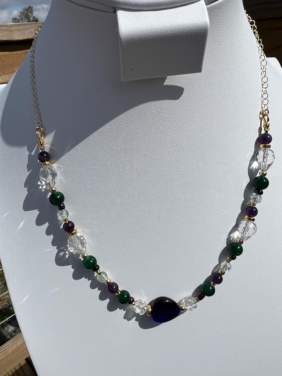 22” Mardi Gras Necklace – Handmade Purple and Green-Gold Accents with Toggle Clasp,