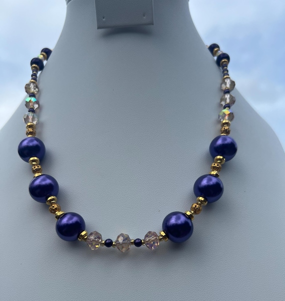 Purple, Gold and Rhinestone Beaded Necklace For Graduation Parties & Celebrations