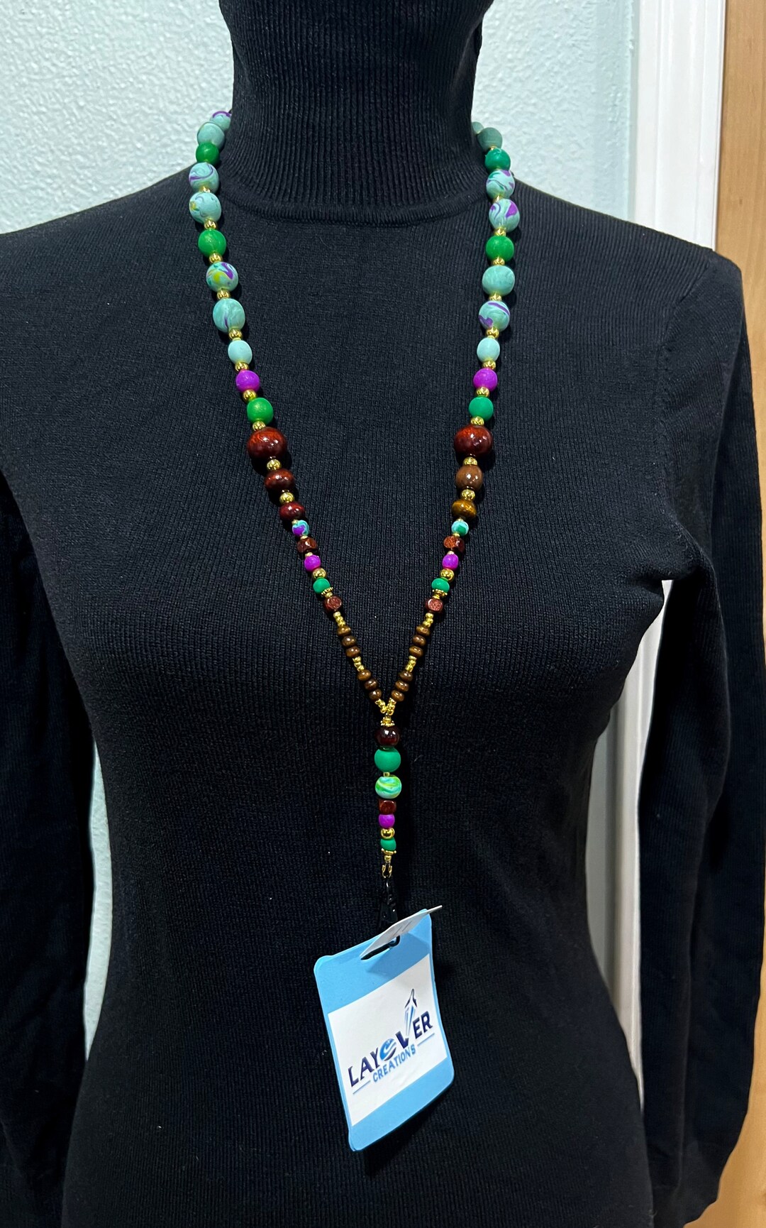 Mardi Gras Breakaway Lanyard 11purple, Green, Goldwood, Resin, Stone