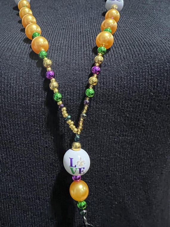 Mardi Gras 20 - Yellow, Purple and Green Beads with Love and Mardi Gras Focal Beads Create A Fun Breakaway Lanyard