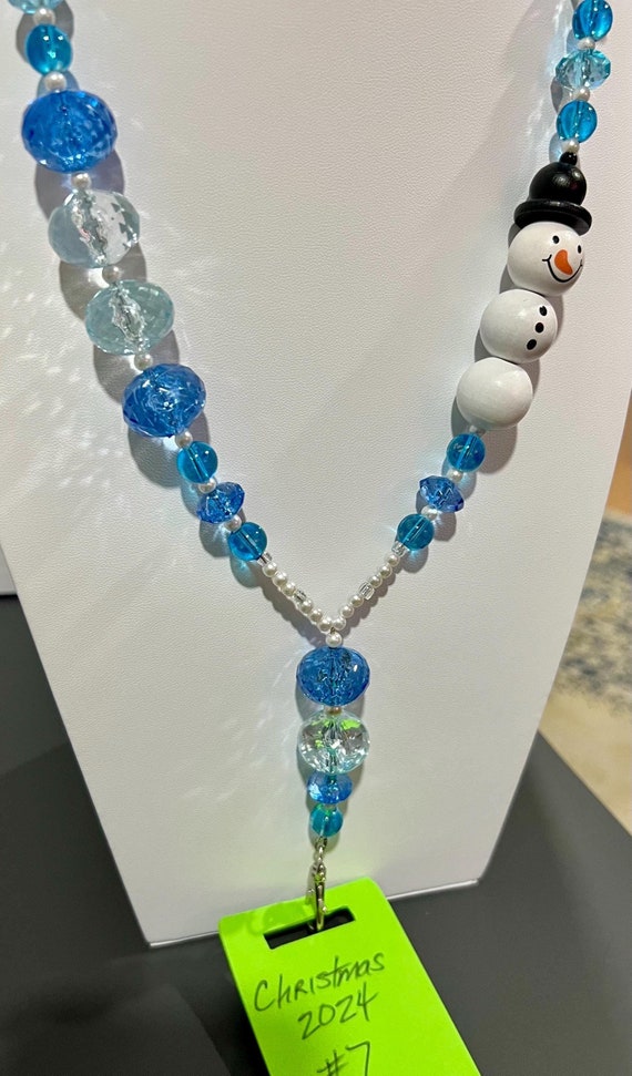 Unique One-Of-A- Kind Breakaway Lanyard - Christmas 2024 #7 - 1 Wooden Snowman Bead Lanyard  With White and Blue Accent Beads