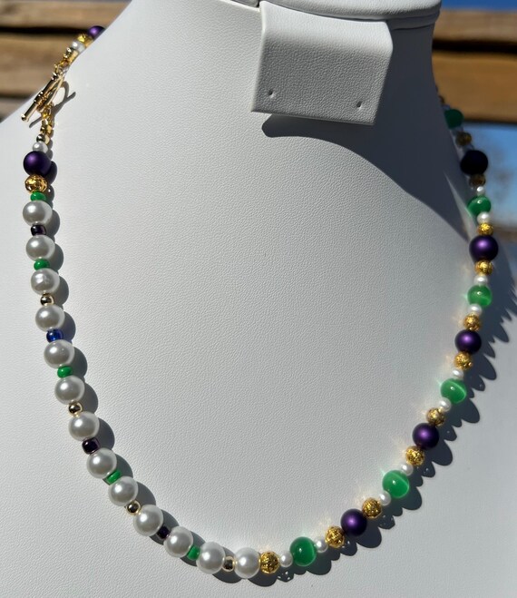 21” Mardi Gras Necklace – Purple-Green-Gold-Faux Pearl-Glass-Metal Beads with Toggle Clasp