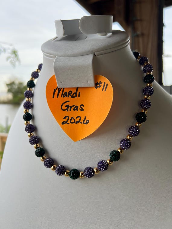 Purple & Green Rhinestone Mardi Gras Inspired 18.5” Necklace w Gold Accent Beads