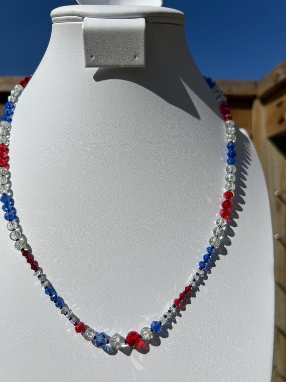 Red Clear and Blue Necklace – Adjustable Asymmetric Beaded Necklace with Toggle Clasp
