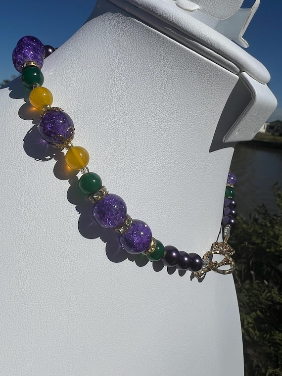 17” Mardi Gras Necklace – Stone-Glass Beads with Crown Toggle Clasp, Gold - CZ