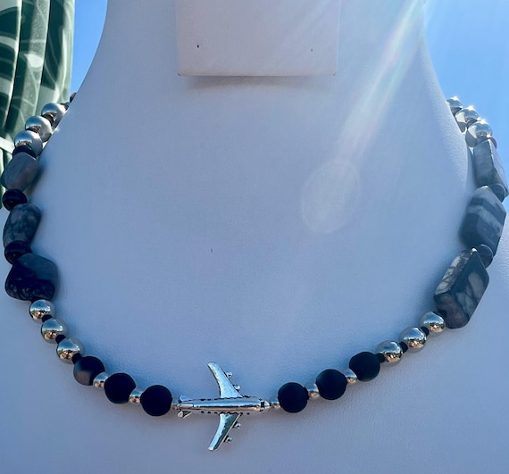 Handmade Unisex Airplane Necklace with Grey, Black & Steel Stones, Travel Lover Gift