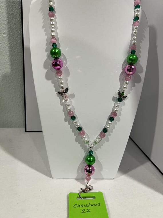 Christmas 22 Breakaway Lanyard - Pink, Green and White Beads with Fuchsia Ornaments and Beads To Create Angels
