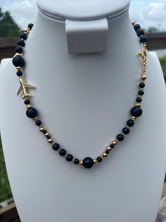 Handmade Black and Gold Unisex Airplane Necklace, Travel Lover Gift