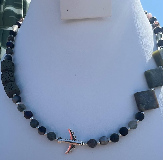 Handmade Airplane Necklace with Green Stones, Travel Lover Gift