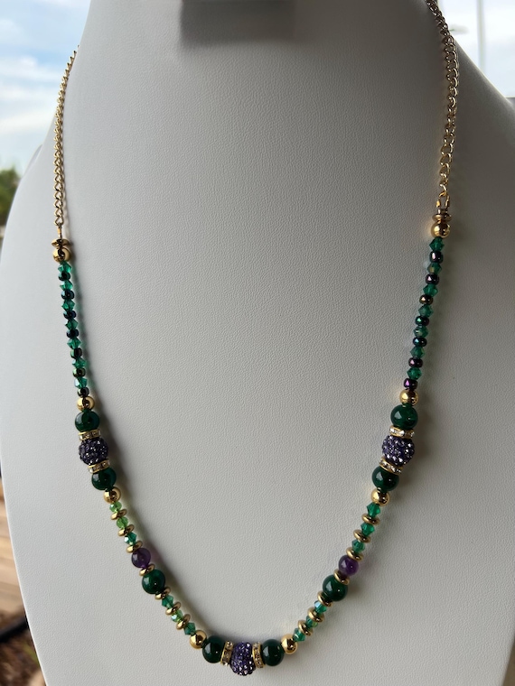 Purple Rhinestone & Green Stone 26” Mardi Gras Necklace w Gold and CZ Accents