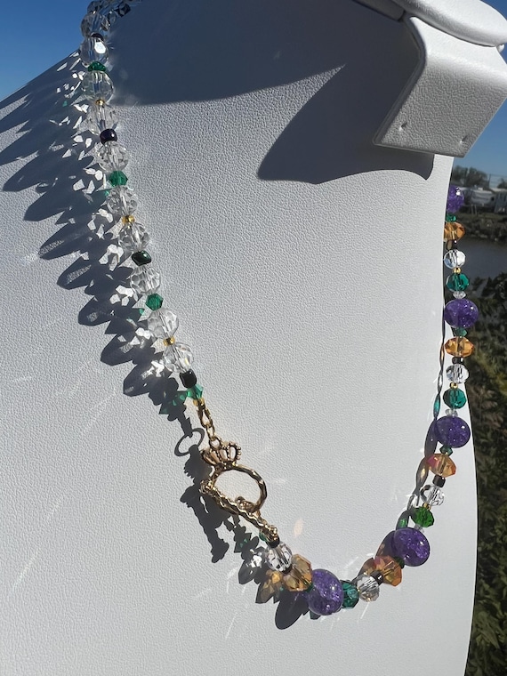 21.5” Asymmetrical Mardi Gras Necklace – Gold Crown Toggle Clasp Handmade Jewelry