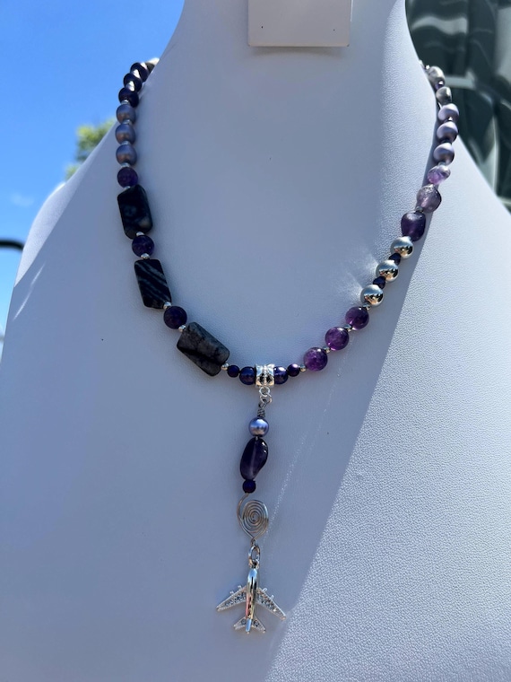 Handmade Airplane Necklace with Purple & Gray Stones and Beads, Travel Lover Gift