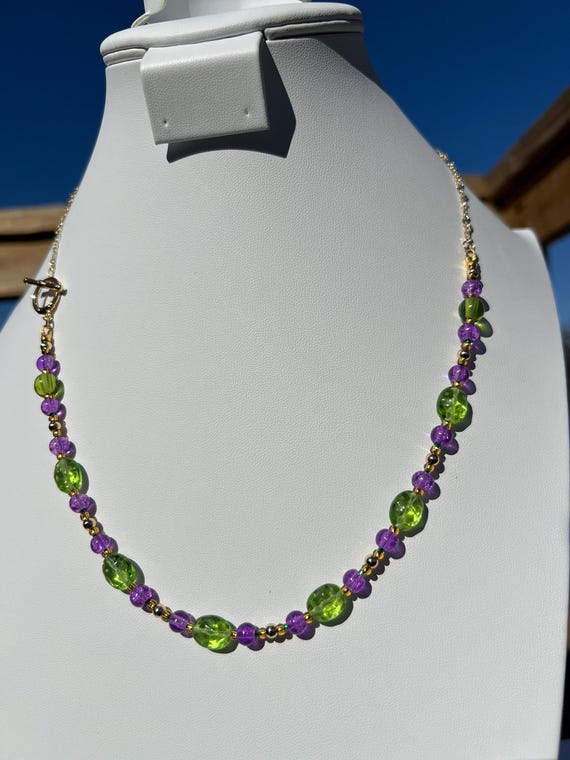 22” Asymmetric Chain and Glass Bead Mardi Gras Necklace – Toggle Clasp Handmade Jewelry