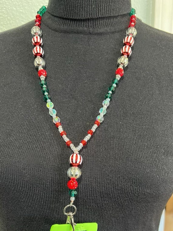 Unique One-Of-A- Kind Breakaway Lanyard - Christmas 2024 #11 - Red, White, Green, Silver and Clear Beads to resemble Christmas Ornaments