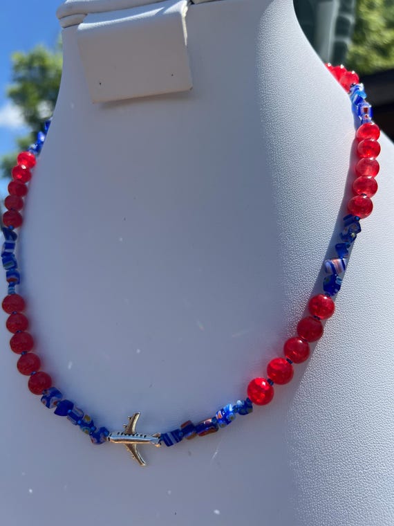 Handmade Red and Blue Airplane Necklace – Travel Lover Gift