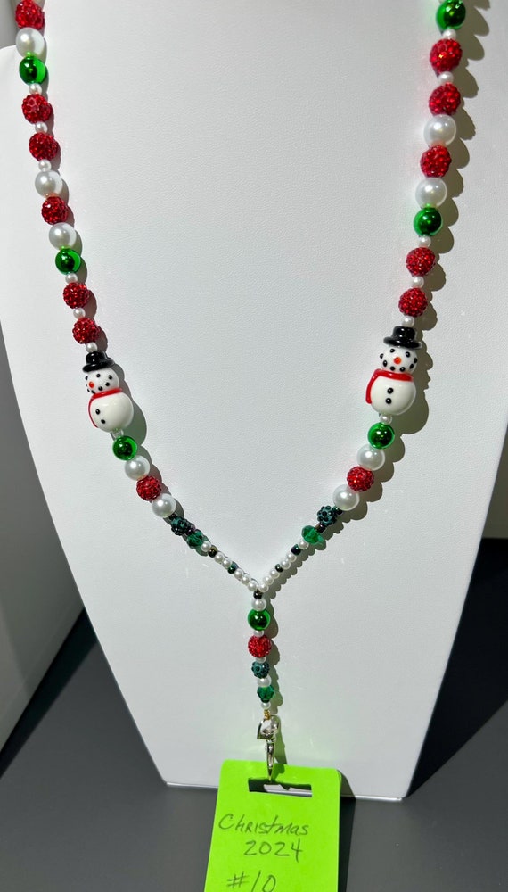 Unique One-Of-A- Kind Breakaway Lanyard - Christmas 2024 #10 - Red, White & Green Beads with 2 Ceramic Painted Snowmen