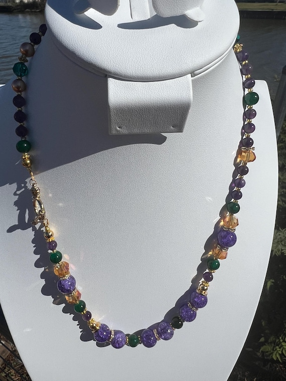 23” Asymmetrical Mardi Gras Necklace with Crown Toggle Clasp
