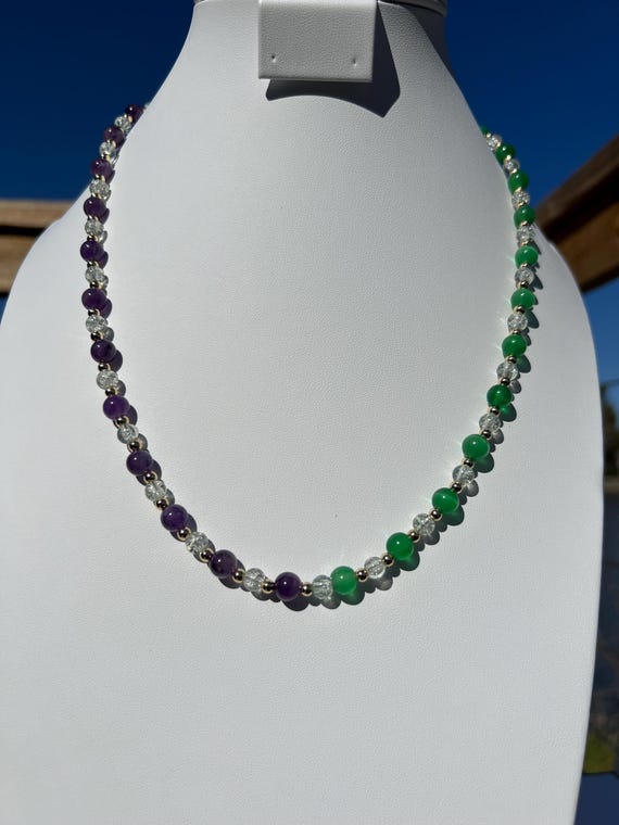 23” Mardi Gras Necklace – Purple-Green-Gold Stone-Glass-Metal Beads with Toggle Clasp,