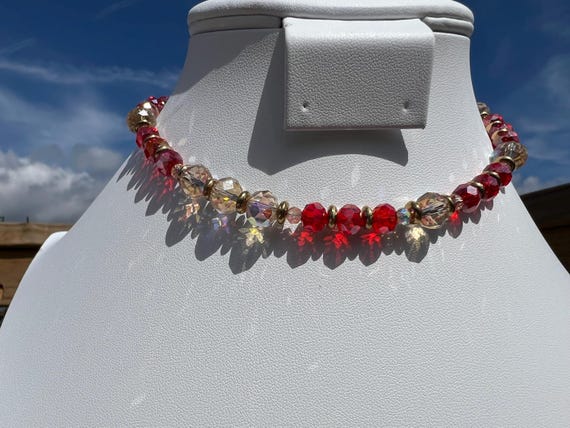 Red and Gold Beaded Choker Necklace – Evening Gala Jewelry