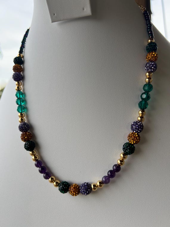 Green, Gold & Purple Rhinestone 23” Mardi Gras Necklace