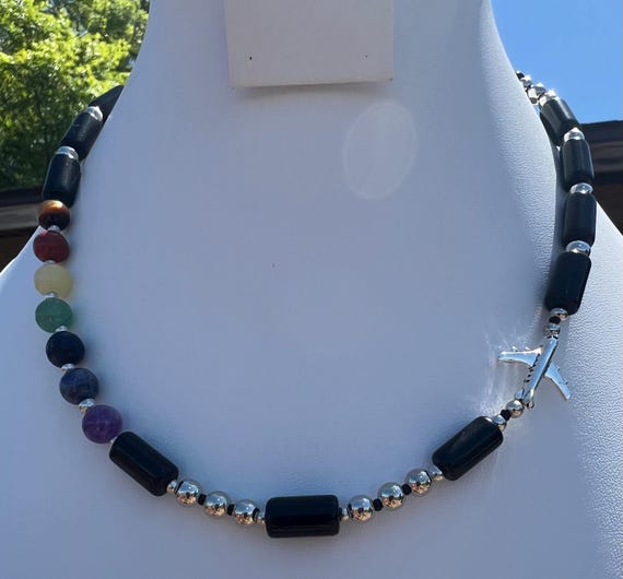 Aviation Necklace, Obsidian Tubes, Chakra Stones, Nickel Silver Airplane Beads