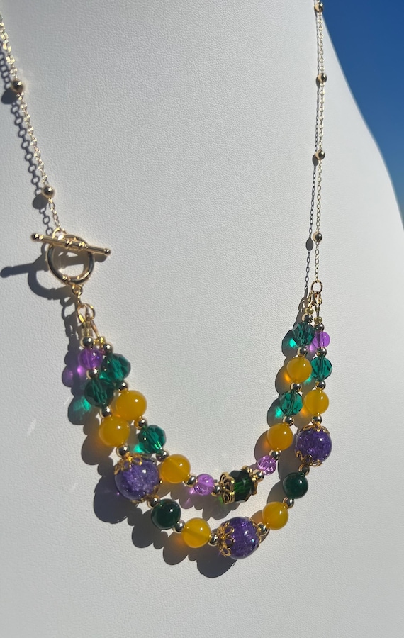 23” Handmade Double Strand Mardi Gras Necklace – Glass, Stone & Metal Beads with 14k Gold Chain, Toggle Clasp