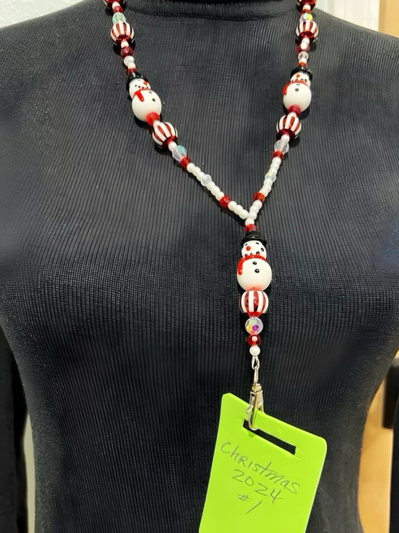 Unique One-Of-A- Kind Breakaway Lanyard - Christmas 2024 #1 - Red, White & Clear Beads with 3 Ceramic Snowmen Beads