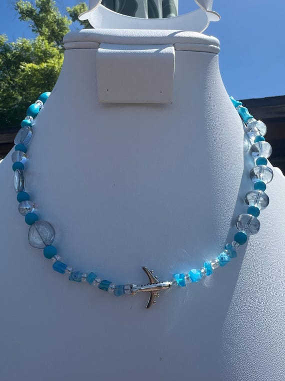 Handmade Aviation Necklace with Blue Magnetite and Clear Glass Beads, Fashionable Travel Lover Gift