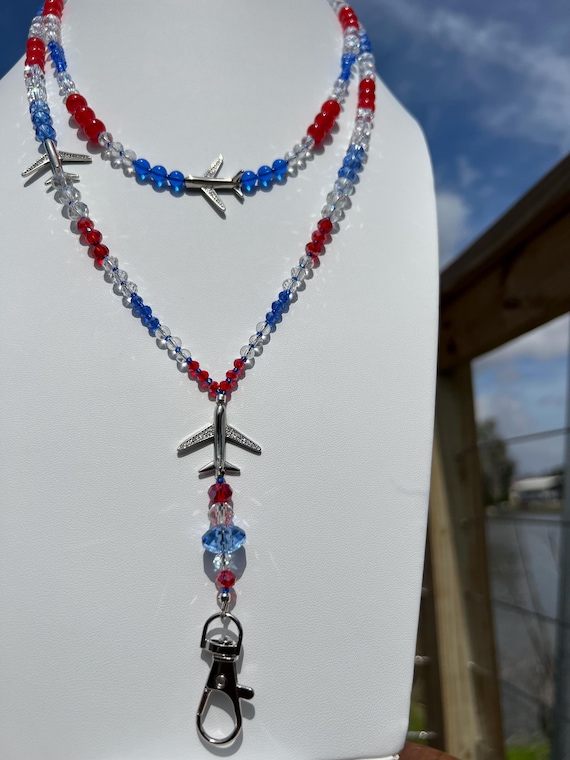 Airline Crew Red, Crystal and Blue Jewelry Set – Matching Breakaway Lanyard & Airplane Necklace