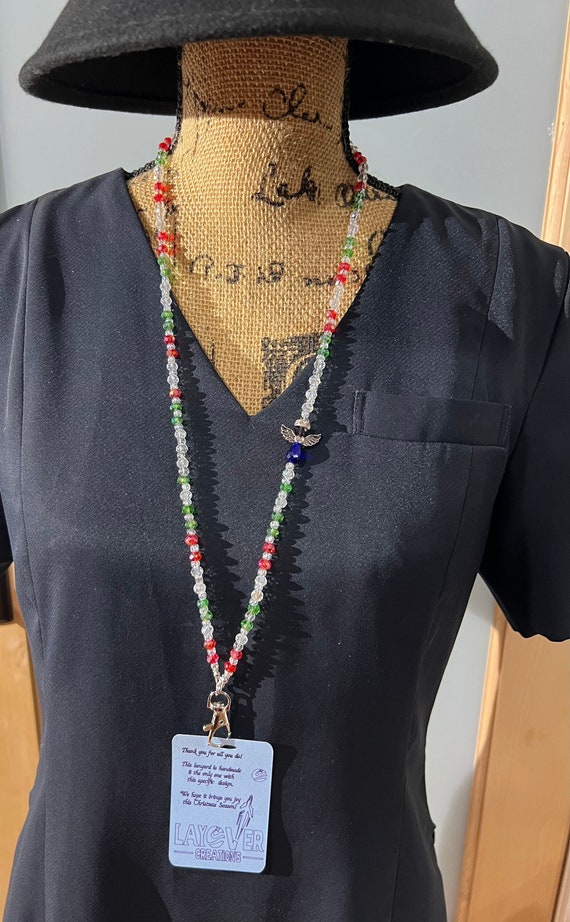 Dark Blue Angel w Red, Green & Sparkly Beads-Breakaway Lanyard 9- Stunning - Perfect Gift for You, Loved Ones, Exchange Gifts and Colleagues