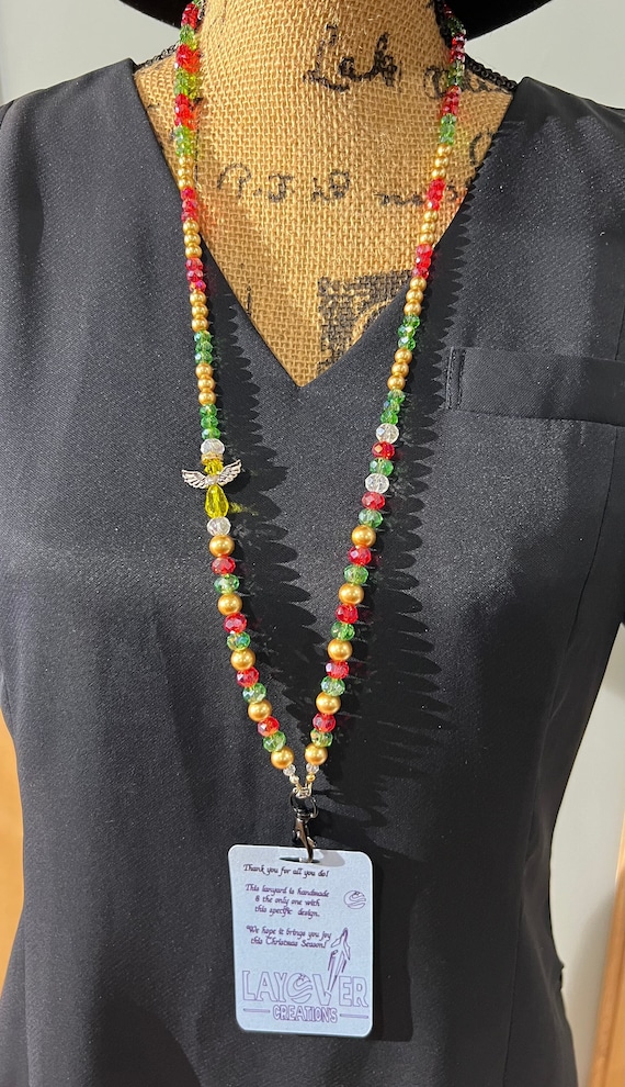 Yellow Angel w Red, Green & Gold Beads-Breakaway Lanyard 12- Stunning - Perfect Gift for You, Loved Ones, Exchange Gifts and Colleagues