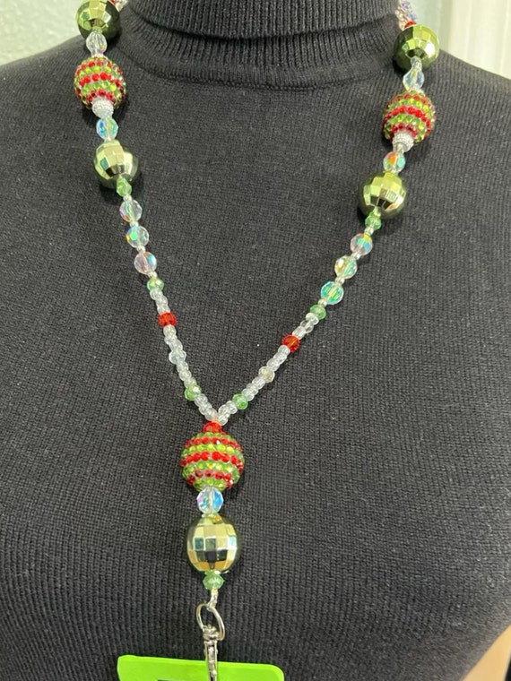Unique One-Of-A- Kind Breakaway Lanyard - Christmas 2024 #12 - Red, Green, Iridescent and Clear Beads to resemble Christmas Ornaments