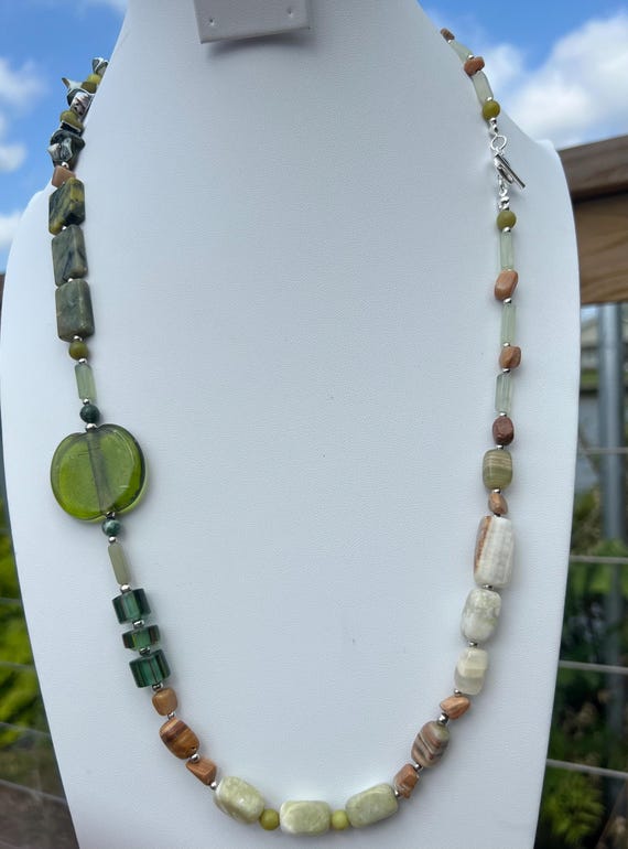 31” Handmade Green and Brown Earth Tone Asymmetric Beaded Necklace