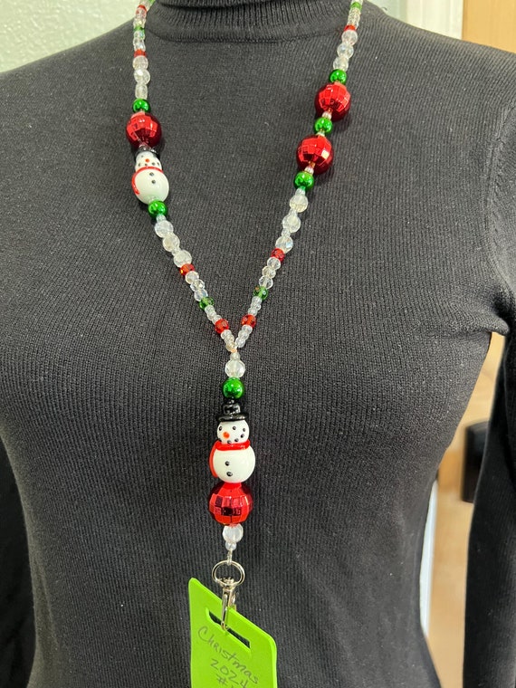 Unique One-Of-A- Kind Breakaway Lanyard - Christmas 2024 #13- Red, Green, Iridescent and Clear Beads with 2 Ceramic Snowmen Focal Beads