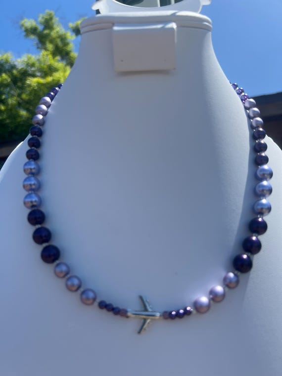 Handmade Airplane Necklace – Purple Lavender Glass Pearl Beads, Nickel Silver Charm
