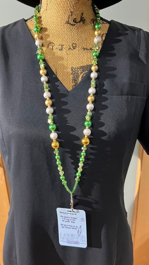 Green Stars, Silver, Green & Gold Mini Ornament Beads-Breakaway Lanyard 13-Stunning Gift for You, Loved Ones, Exchange Gifts and Colleagues