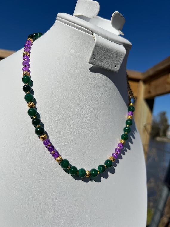 18-1/2” Mardi Gras Necklace – Purple and Green-Gold Accents Stone-Glass-Metal Beads with Toggle Clasp,