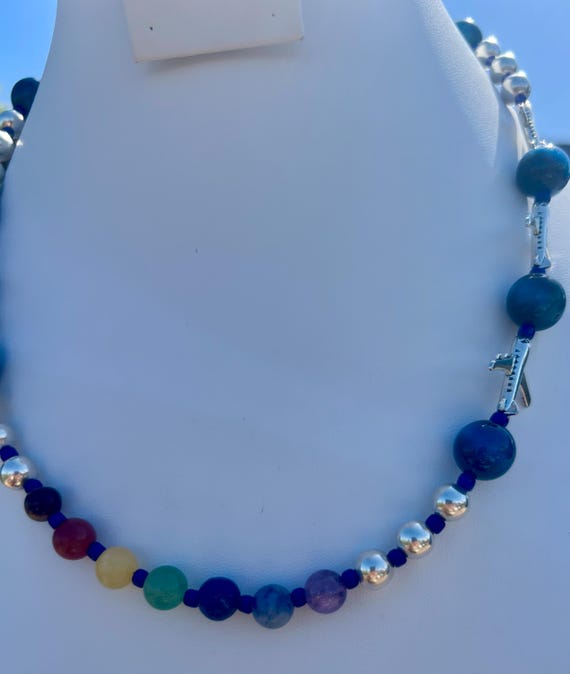 Handmade Aviation Necklace with Blue Tiger Eye, Steel, Glass and Chakra Inspired Stones