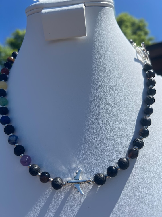 Handmade Aviation Necklace with Tiger Eye, Lava, Steel, Glass and Chakra Inspired Stones