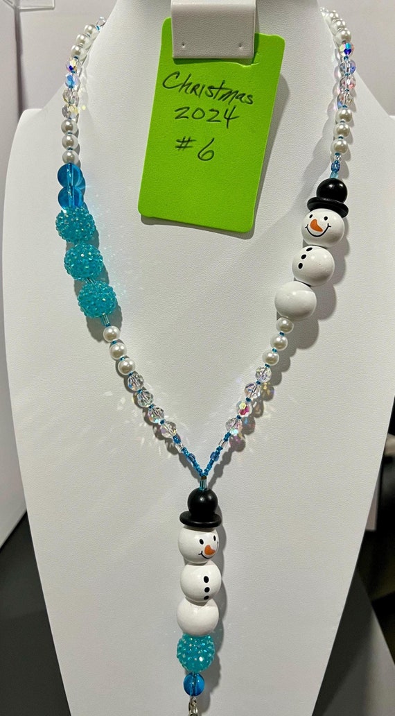 Unique One-Of-A- Kind Breakaway Lanyard - Christmas 2024 #6 - 2 Wooden Snowmen Bead Lanyard  With White, Teal and Iridescent Accent Beads