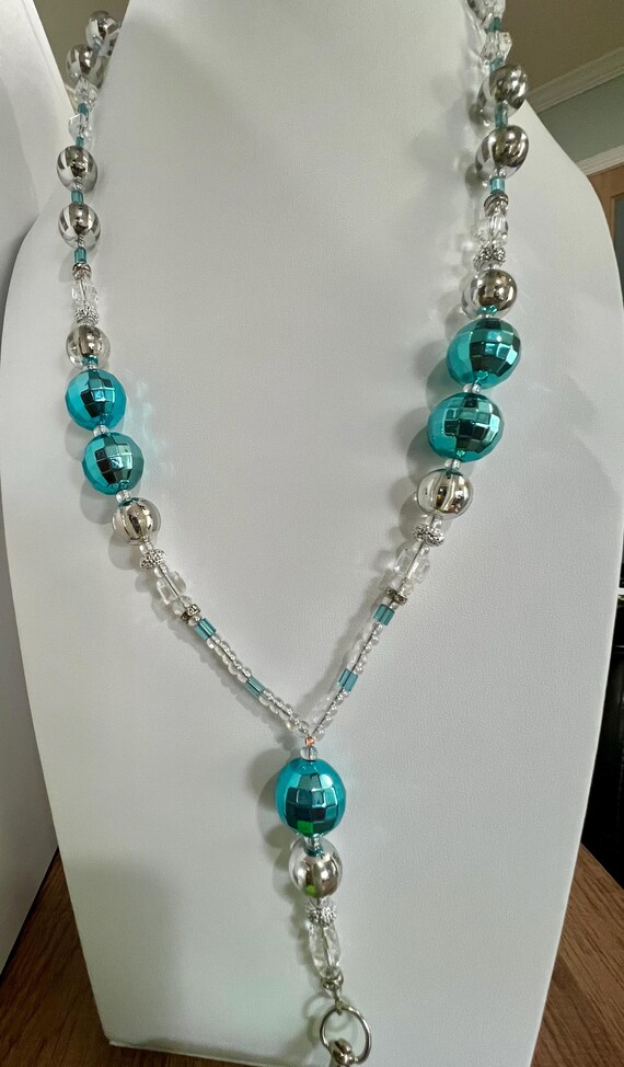 Unique One-Of-A- Kind Breakaway Lanyard - Christmas 2024 #3 - Sparkling Teal, Silver & Clear Beads